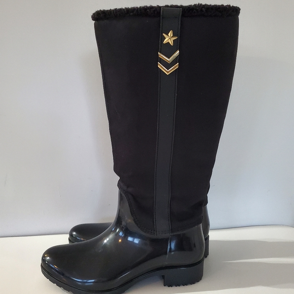 TOMMY HILFIGER 7 Black Multi Fabric FOUR2 Riding Boot Gold Logo Zipper Faux Fur